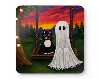 Black Cat Ghost Swing Coasters | Halloween Art | Whimsical Cozy Drinkware Set