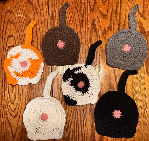 Crochet Cat Butt Coasters, Handmade Cat Coaster Set, Funny Cat Lover Gift, Quirky Crochet Home Decor, Unique Gag Gift