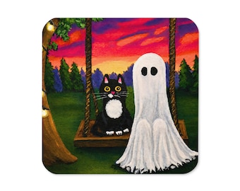 Single Coaster | Black Cat and Ghost Swing Coasters | Halloween Coaster | Original Art Hand-painted | Pippin & Puddings Cozy Swing |