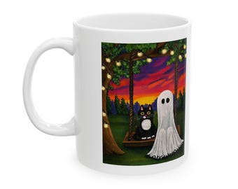 Original Art Ghost and Cat Mug | Whimsical Coffee Mug | Pippin & Pudding's Cozy Twilight Swing