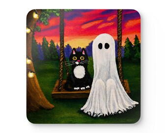 Black Cat Ghost Swing Coasters | Halloween Art | Whimsical Cozy Drinkware Set