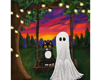 Ghost and Black Cat Swing Print | Cozy Halloween Art, Sunset (300gsm Satin Poster)