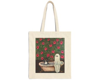 Ghost Cat Bubble Bath Tote Bag | Whimsical Halloween Cotton Canvas Bag| Spooky Farmers Market