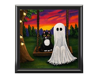 Ghost and Black Cat Swing Jewelry Box | Whimsical Halloween Wooden Trinket Case| Witch Keepsakes