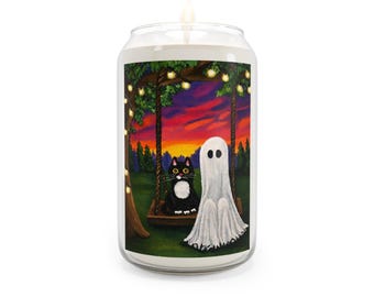 Ghost and Black Cat Soy Candle, Halloween Sunset Scene, Whimsical Decor| Housewarming gift