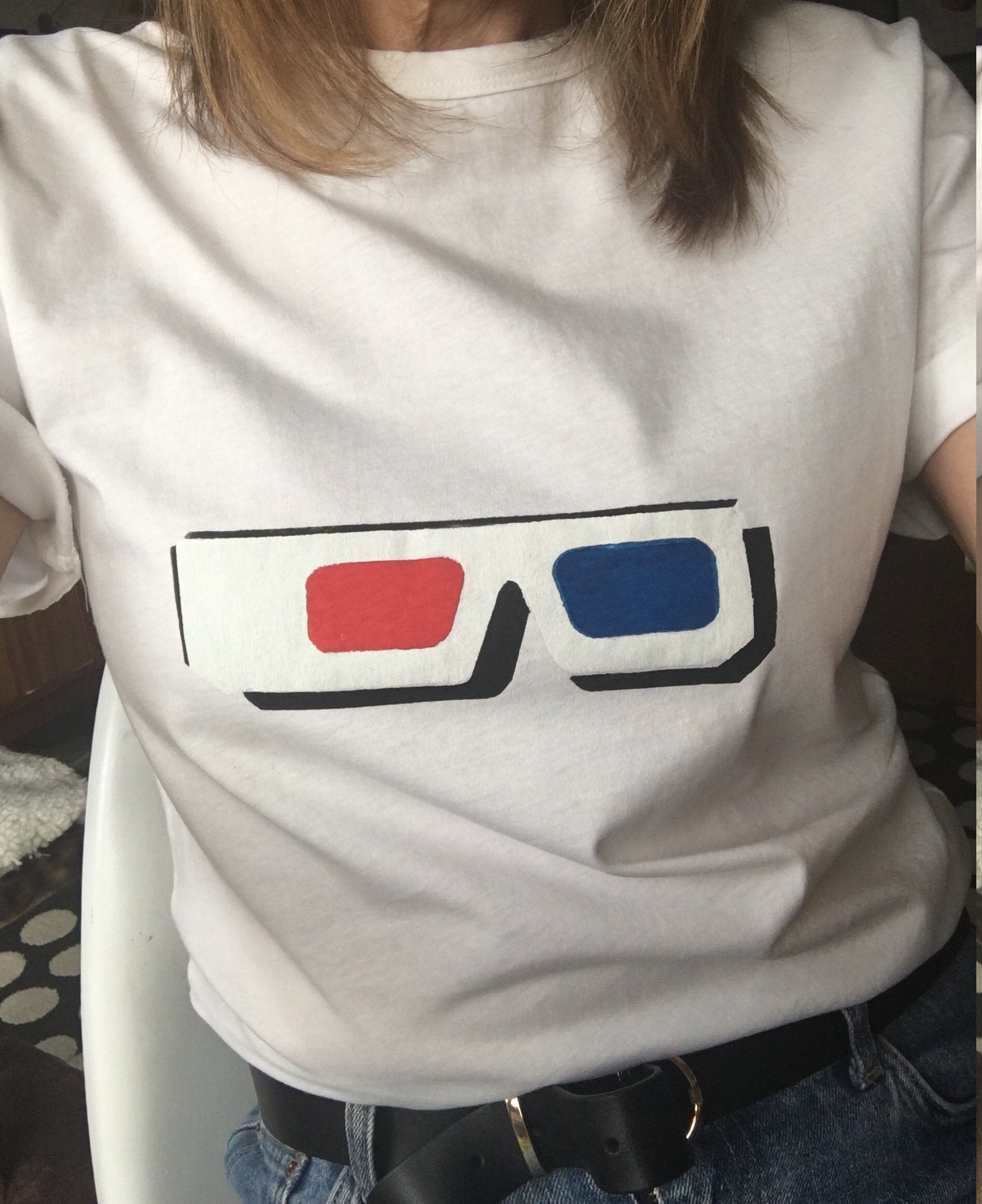Screenprinted Tshirt With Retro 3D Glasses Design. Unisex. Mens