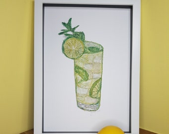 Mojito Cocktail Glass -Free Motion Embroidery -Textile Art Illustration - Wall Art- Gift for Cocktail lover