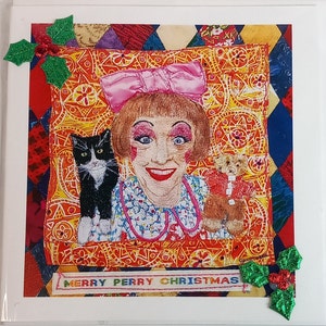 Grayson Perry Alan Measles kerstwenskaart 'Merry Perry Christmas' geborduurd detail handgemaakt