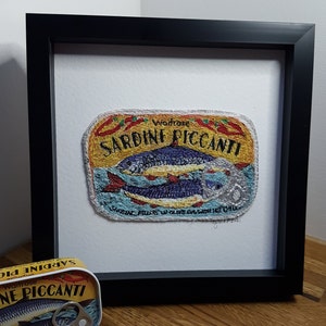 Food Embroidery illustration Sardine Piccanti Tin  - Kitchen Art - Quirky  Wall Art