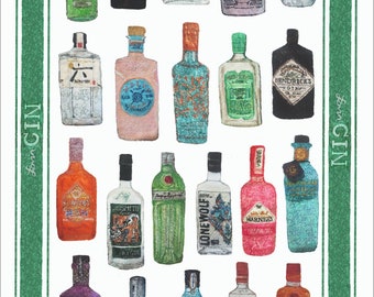 Gin Tea Towel  ' Lovin Gin ' Print - Illustration 21 Embroideries- Hendricks, Bombay Sapphire ,Tanqueray ,Gordons Gin Lovers Gift Idea