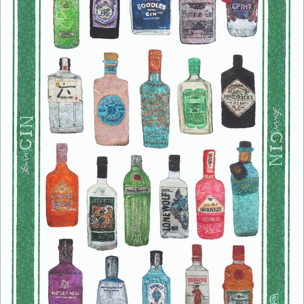 Gin Tea Towel  ' Lovin Gin ' Print - Illustration 21 Embroideries- Hendricks, Bombay Sapphire ,Tanqueray ,Gordons Gin Lovers Gift Idea