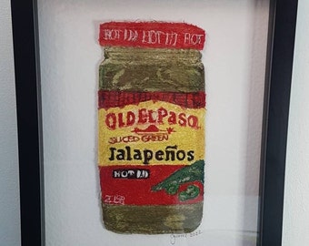 Jalapeno&#39;s Chilli Peppers Jar Food Illustration Embroidery - Old El Paso Kitchen Wall Art - Gift for Chilli lover