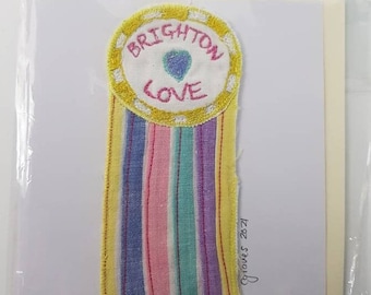 Brighton Love Appliqued embroidered card - upcycled 70s pillow case - Retro Greeting card - Valentines card