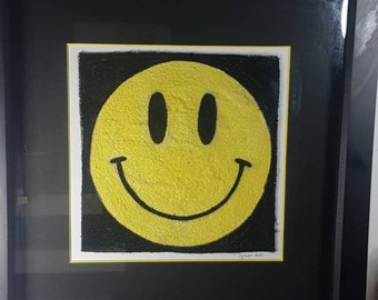 Smiley Acid House face -Free Motion framed Embroidery-House 1980s 1990s  Music gift idea -