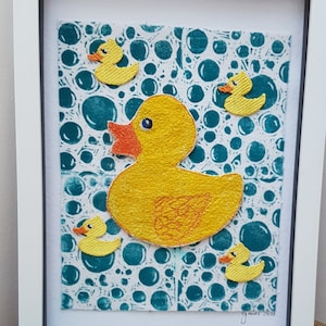 Rubber Duck Illustration Free Motion Embroidery Mixed Media Art Wall Piece