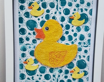 Rubber Duck Illustration Free Motion Embroidery Mixed Media Art Wall Piece