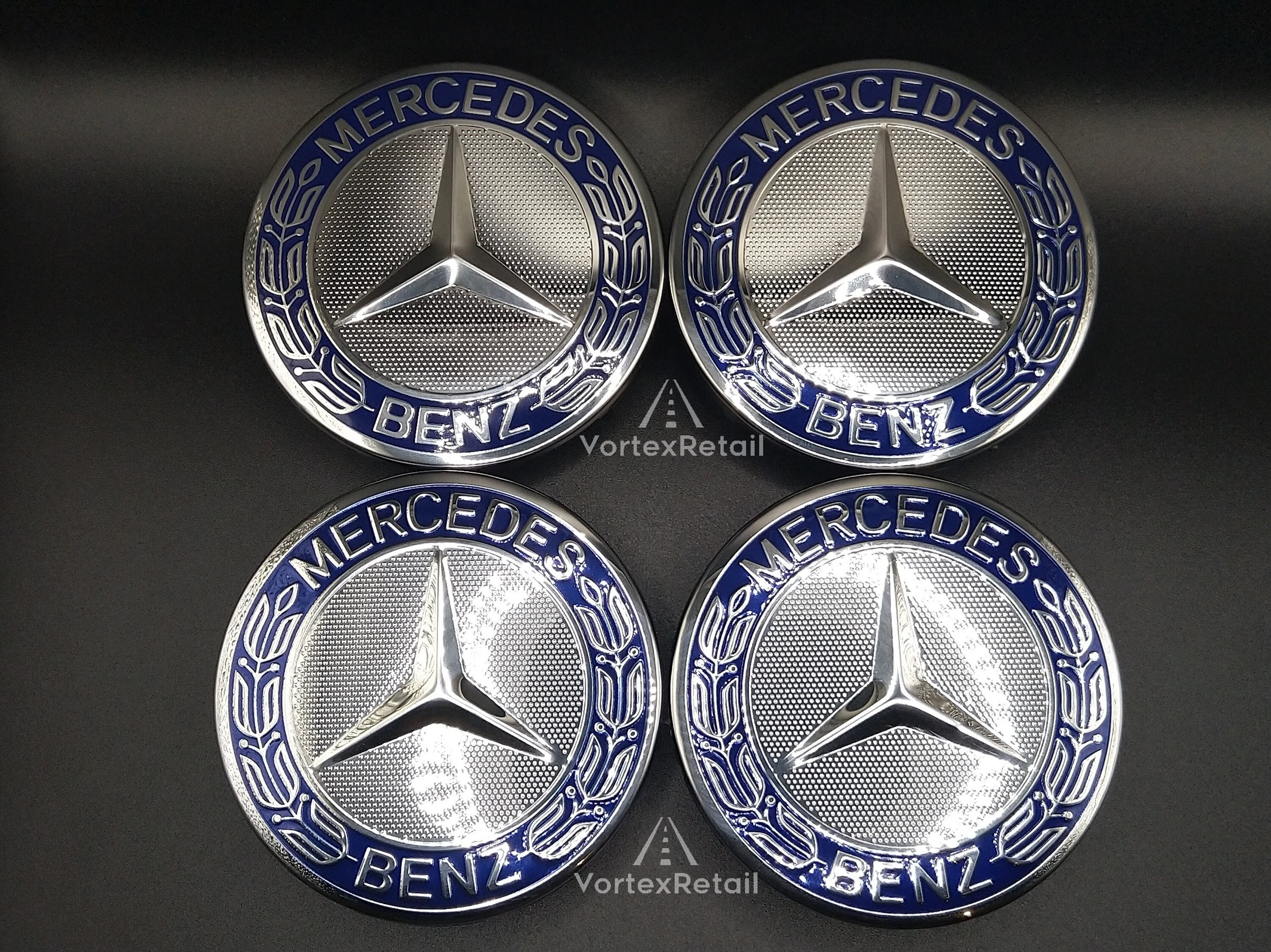 4x Blue Alloy Wheel Centre Caps 75mm A B C E S M Class ML CLA GLA | UK - Foto 4