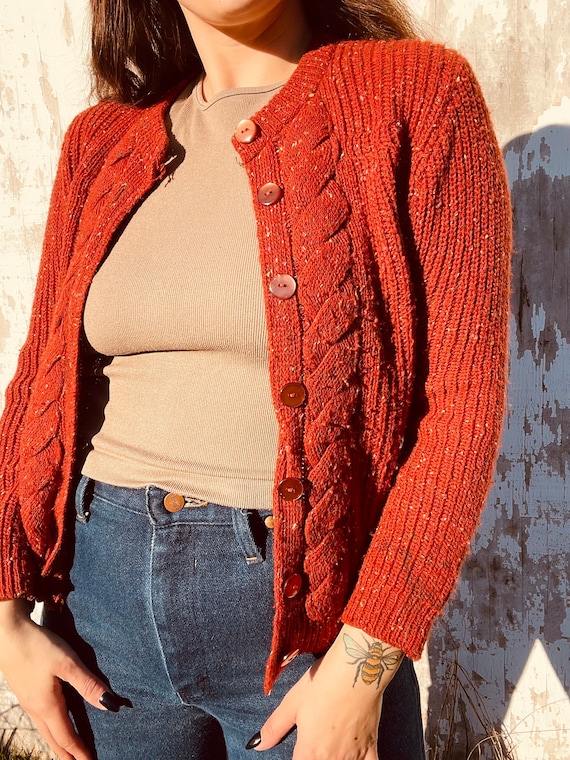 Vintage Rust Colored Acrylic Cardigan Sweater
