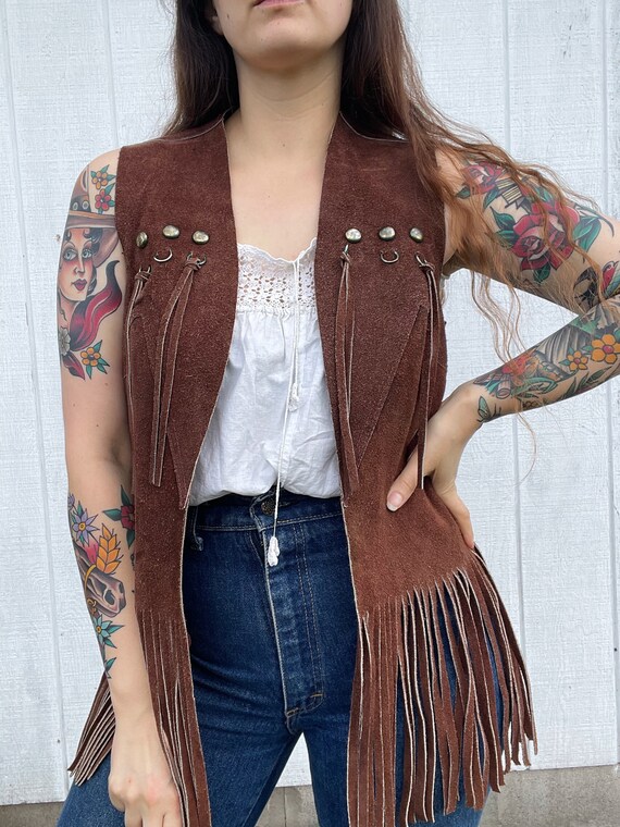 Vintage Leather Fringe Vest / Hand Stenciled Painted … Gem