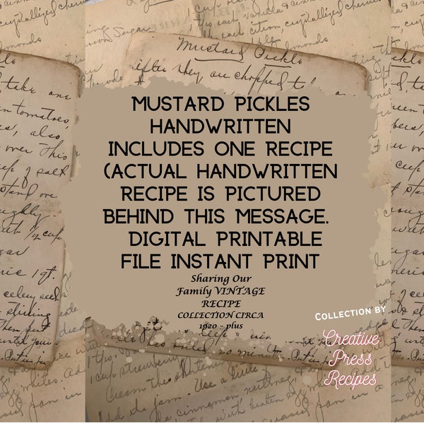 Old vintage famous Southern Handwritten Mustard Pickle Recipe digital Recipe Card Pages Instant download and print file Tried & True recipe