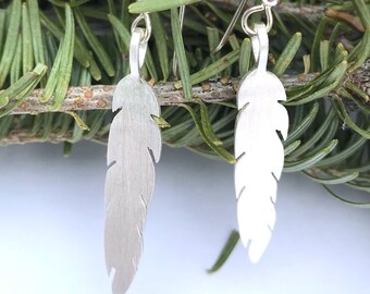 FEATHER EARRINGS, Dangle DROP Earrings, Sterling Silver Bird Feather Spiritual Growth Hippie Earrings, Aesthetic Earrings