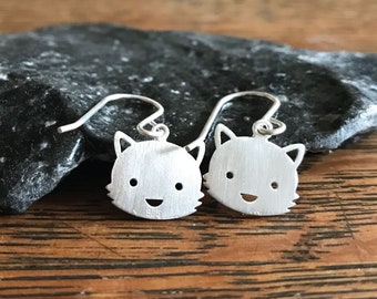 CAT DANGLE EARRINGS, Boho Style Earrings, Kitten Dangle Cartilage Silver Earrings, Statement Earrings1st Anniversary Gift For Wife