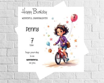 May include: A birthday card with a colorful illustration of a girl riding a bicycle. The card says "Happy Birthday Wonderful Granddaughter Penny 7 Today" and "Hope your day is as wonderful as you".