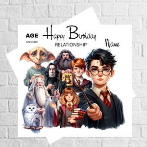 May include: A birthday card featuring characters from the Harry Potter series, including Harry Potter, Ron Weasley, Hermione Granger, and Dobby the house-elf. The card has the text "Happy Birthday" and "Name" on it.