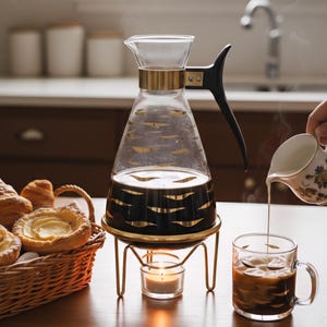 May include: A glass coffee carafe with gold detailing and a black handle sits on a gold stand with a lit candle. Coffee is being poured into a clear mug. A basket of pastries is on the table.