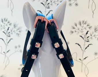 English leather spur straps with rose gold buckles and crystals