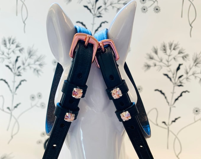 English leather spur straps with rose gold buckles and crystals