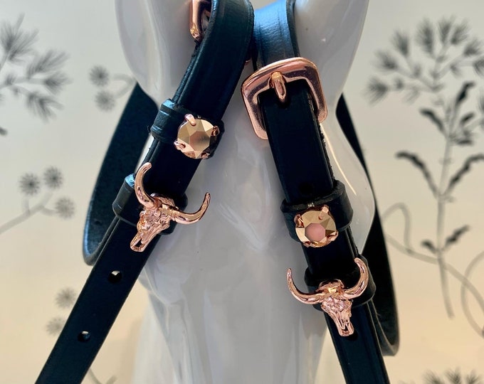 Black English Leather Spur Straps with Rose Gold Buckles and Rose Gold Crystals