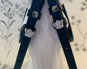English Leather Spur Straps with Blingy Crystals and Antique Crown Charms