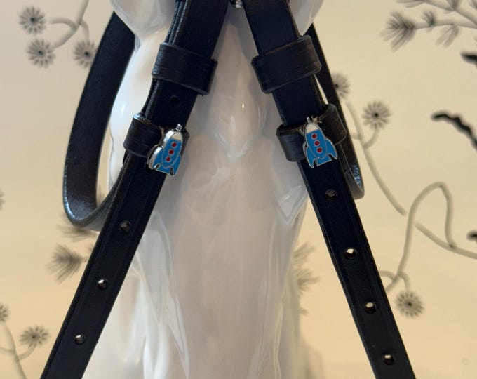 Black English Leather Spur Straps with Rocket Charms