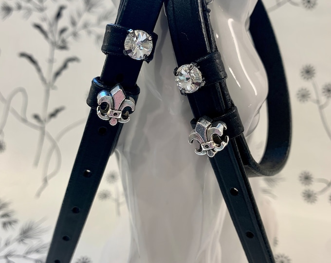 Black English Leather Spur Straps with Fleur de Lis charms and crystals