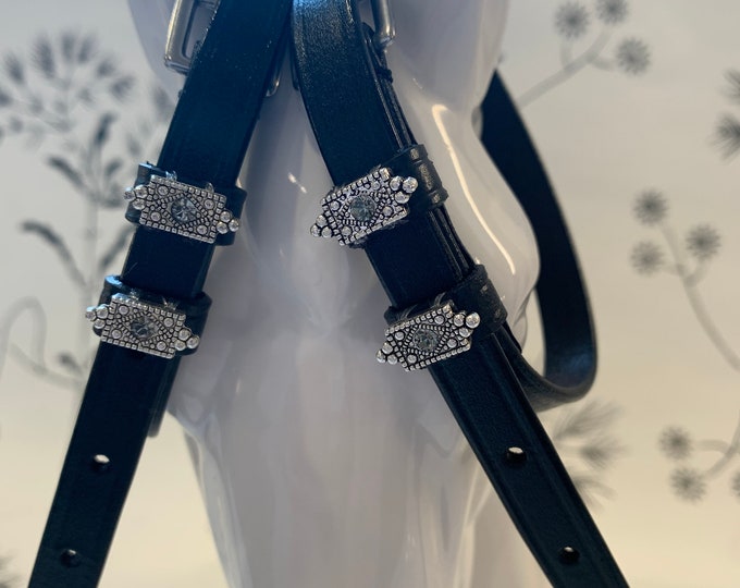 Black English Leather Spur Straps with Hand Sewn Silver/Crystal Antique Charms