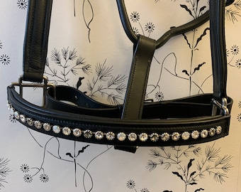 Black English Leather Padded Crystal Halter