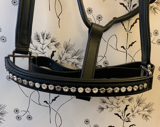 Black English Leather Padded Crystal Halter
