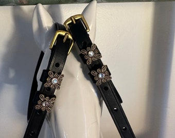 Black English Leather Spur Straps with Solid Brass Buckles and Gold Antique Charms