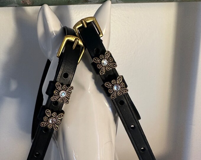 Black English Leather Spur Straps with Solid Brass Buckles and Gold Antique Charms