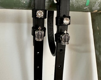 Black English Leather Spur Straps with Crowns & Crystals