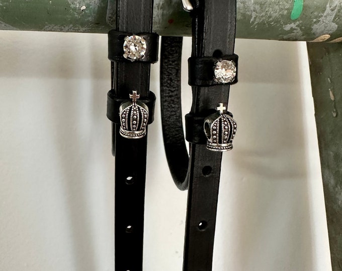 Black English Leather Spur Straps with Crowns & Crystals