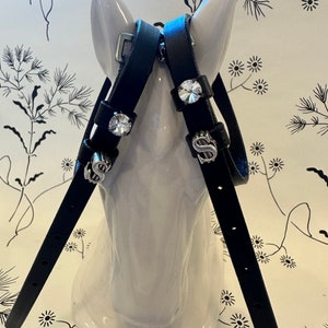 Black English Leather Spur Straps with 8mm Crystals