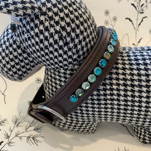 Dark Brown Leather Padded Dog Collar with Crystals
