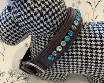 Dark Brown Leather Padded Dog Collar with Crystals