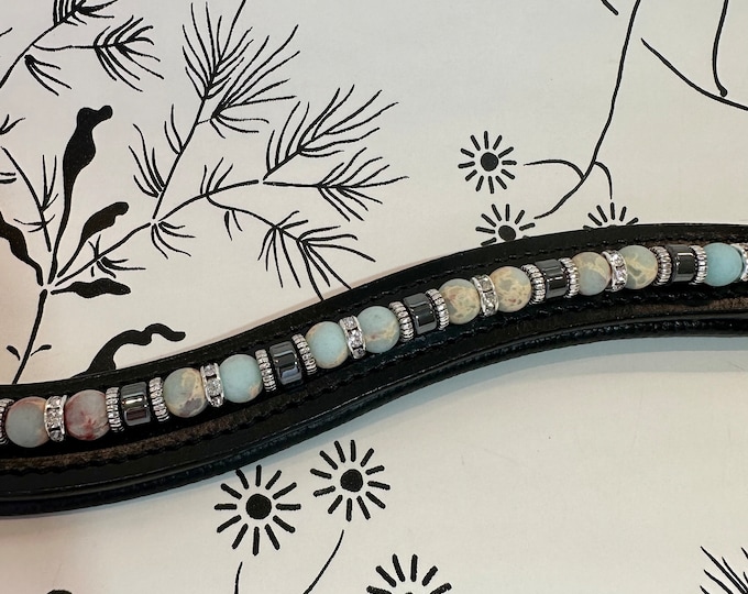 English Leather Beaded Browband with Hematite and Silver Spacers