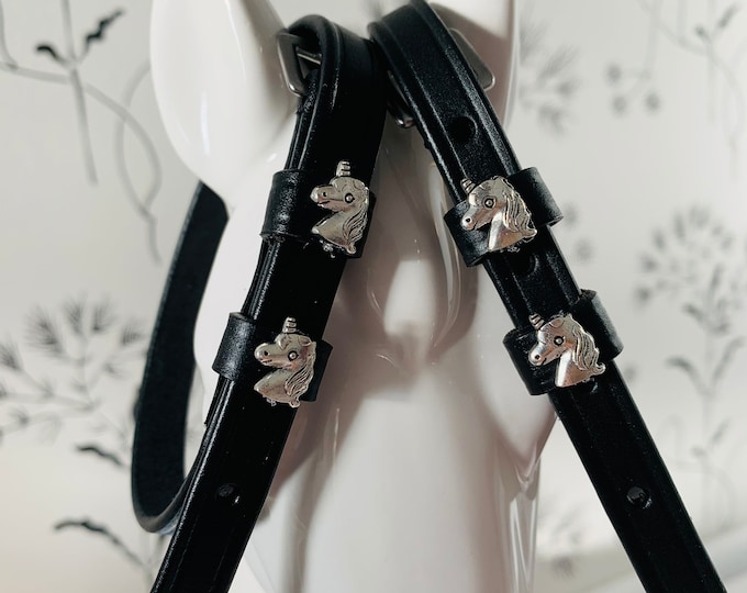 Black English Leather Spur Straps with Unicorns