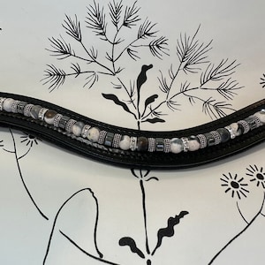 English Leather Beaded Browband with Hematite and Silver Spacers