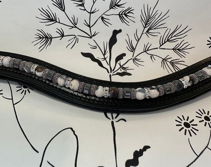 English Leather Beaded Browband with Hematite and Silver Spacers