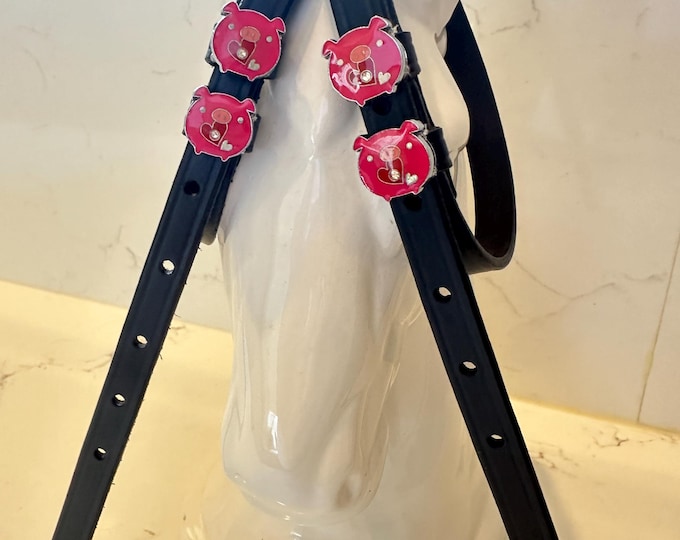 Black English Leather Spur Straps with Pig Charms